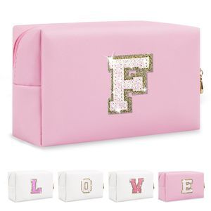 Small Personalized Initial A-z Patch Makeup Bag,pink Cute Pu Leather Glitter🧐